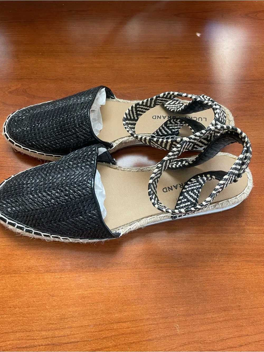 Lucky Brand Black Woven Espadrille Sandals with Ankle Tie Renka Chevron Raffia